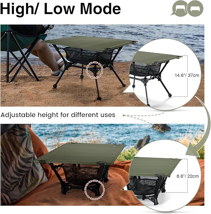 ONETIGRIS Dipper Camping Table Lightweight Portable Folding Table with Mesh Storage Net High/Low Options Ideal for Camping Hiking Tailgating Beach Picnic Travel Backyard
