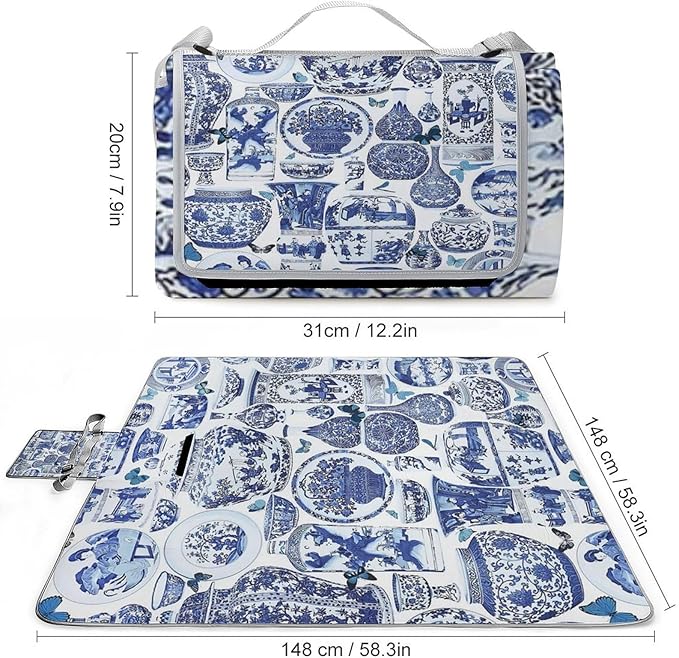 Blue and White Folk Chinese Chinoiserie Style Waterproof Outdoor Picnic Blanket Sandproof Beach Mat for Camping Hiking Grass Travelling