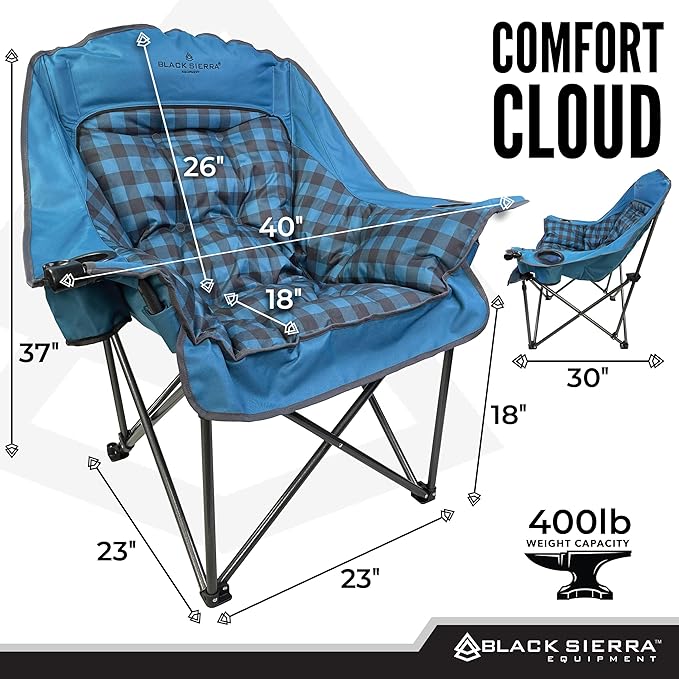 Black Sierra Oversized Camping Chair for Adults – 400 lb Heavy Duty Folding Chair with Cup Holders &amp Carry Bag
