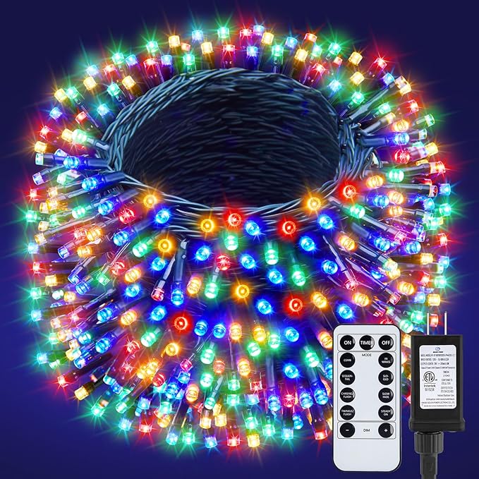 Minetom 328 Ft 1000 LED Christmas Tree Lights Outdoor Indoor String Lights with 8 Modes Waterproof Twinkle Xmas Light with Remote Plug in Rice Lights for Tree Room Christmas Decorations Multicolor