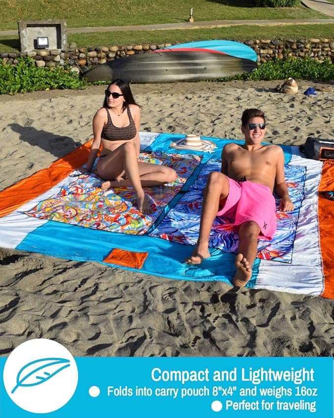 ECCOSOPHY Sandproof Beach Blanket - Oversized Sand Free Beach Mat 9'x10' - Lightweight Outdoor Picnic Blanket Anchored with 4 Corner Sand Pockets &amp Plastic Stakes - Heat Proof Quick Drying &amp