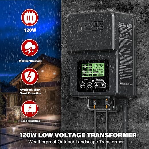 VENUS MANUFACTURING Outdoor Low Voltage Transformer 120W Landscape Lighting Transformer with Timer and Built-in Photo Sensor 120V AC to 12V AC for LED Spotlight Pathway Garden Lighting