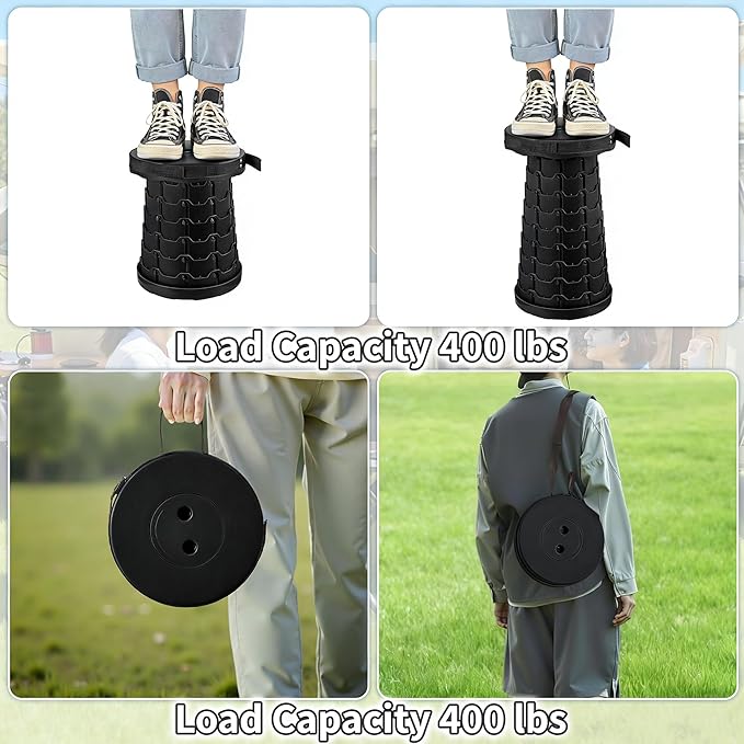 VECELO Telescoping Folding Stool Upgraded Portable Collapsible Retractable Stool with Load Capacity 400lbs for Garden Fishing Camping Hiking BBQ 1 PCS Black