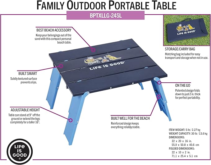 Life is Good Family Portable Outdoor Folding Table with Adjustable Height and Carry Bag for Beach Camping 30lb Weight Capacity 22 x 20 x 16