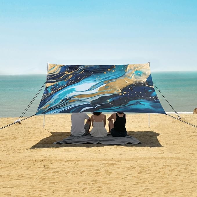ALAZA Blue &amp Gold Marble Beach Tent Sun Shelter UPF50+ Protection Beach Shade Canopy w/ 4 Sandbags for Outdoor Camping Fishing Backyard Fun Picnic 10x9 ft