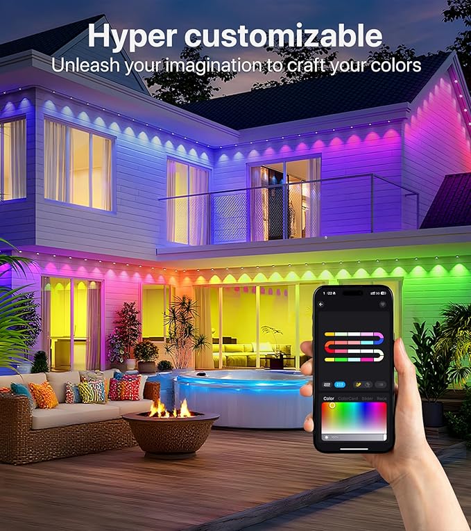 150FT RGB+IC LED Permanent Outdoor Lights: Eave Lights with Smart APP &amp Remote Control 72 Scene Modes Waterproof IP65 for Holiday Christmas Decorations