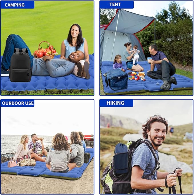 Double Camping Sleeping Pad 4 Inch Thickness Ultra-Portable Easy Inflation No Mouth Blowing Needed