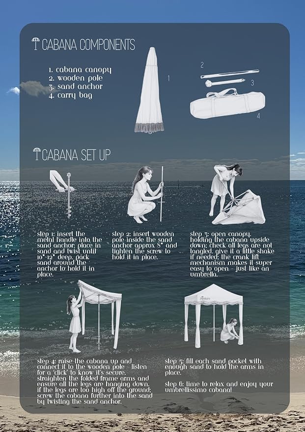 Premium Beach Cabana - Umbrellissimo Navy &amp Orange. Includes Sand Anchor Designer Canvas Prints &amp Fringe finishes Sand Pockets pegs Matching Carry Bag. Easy Set up 6.6'x6.6' of Cool UPF50+