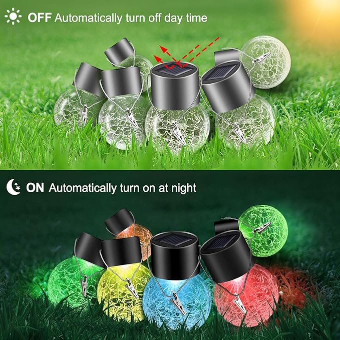 32 Pack Hanging Solar Lights Outdoor Decorative Waterproof Solar Globe Lantern with Handle and Clip Solar Powered Cracked Glass Ball Lights for Garden Yard Patio Fence Tree Umbrella Holiday Décor