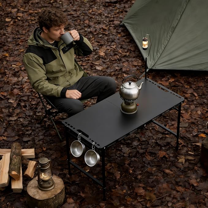3.4 Ft Folding Camping Table - 12 lb Lightweight Portable Picnic Table with Adjustable Height &amp Carry Handle - Large Folding Table for Outdoor BBQ Beach Hiking &amp Home (Black)