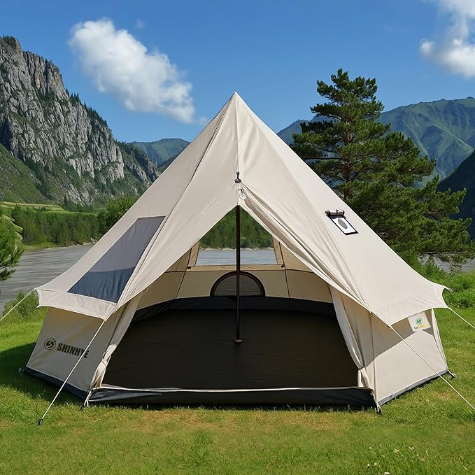 Bell Yurt Tent Waterproof Luxury 4 Season Hot Tent with Stove Jack/Air Conditioner Vents/2 Skylight for Family Outdoor Camping Oxford Glamping Tents for All Year Living