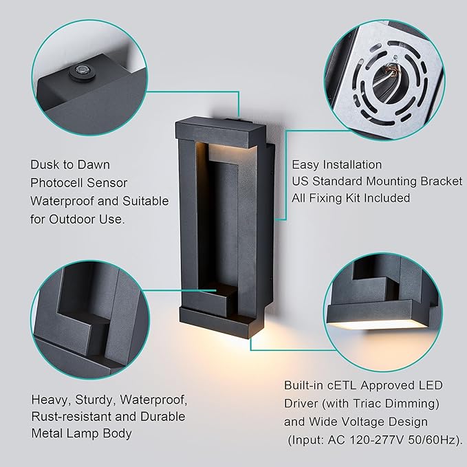 Dusk to Dawn Outdoor LED Wall Lights Exterior Front Porch &amp Patio Light Photocell Sensor Wall Sconce Lamp IP65 Waterproof Anti Rust Outside Lighting for House Doorway Garage