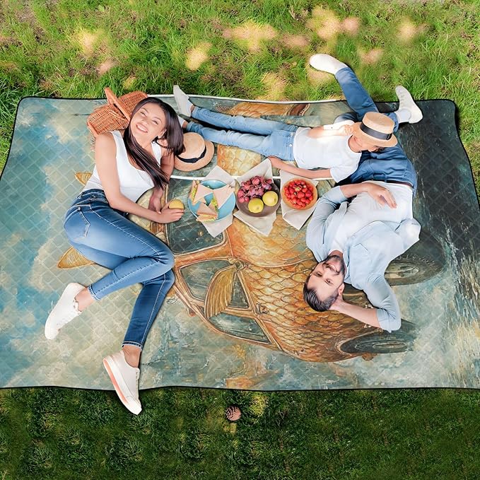 KLL Funny Cat Fish Shaped Car Waterproof Beach Blankets Soft Party Outdoor Playmat for Adults Summer Gift colcha para picnic