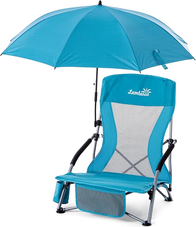 Lamberia Folding Beach Chair with Umbrella for Adults Portable Low Beach Chairs with 300lbs Capacity Lightweight Fodable Camping Chair for Travel Picnic Concert &amp Outdoor Activities Blue