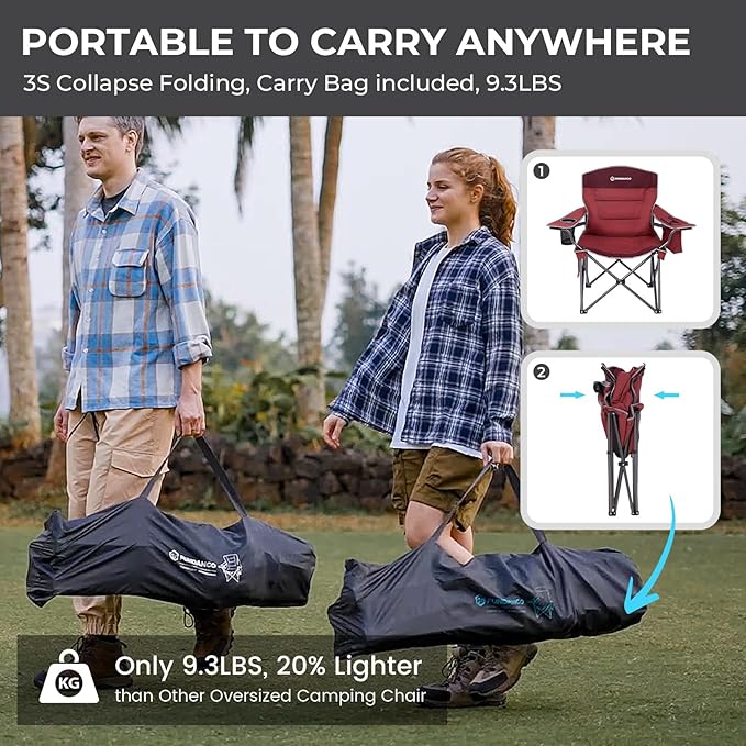 FUNDANGO Oversized Camping Chairs for Adults Heavy Duty Fold Up Sports Games Lawn Chairs Extra Wide Big Man Outdoor Chairs with Padded Lumbar Support Backrest Bag Included for Camp Beach 2 Pack