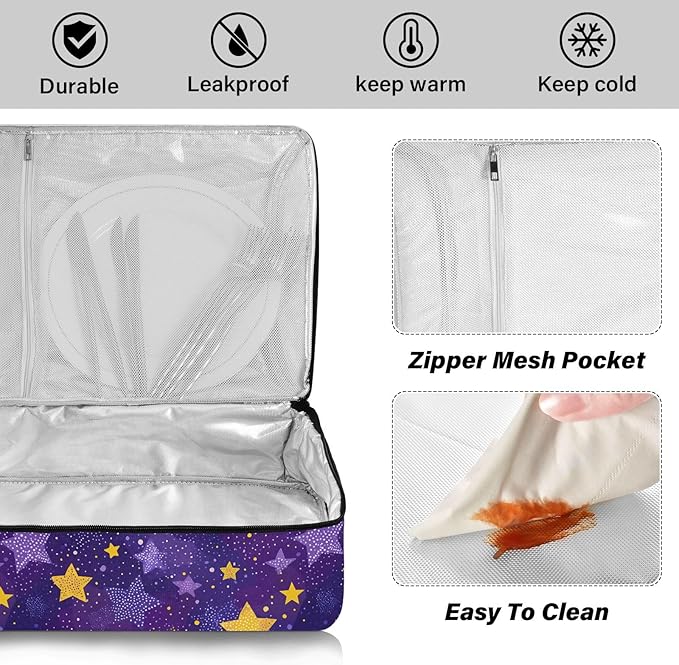 Casserole Carrier Stars Purple and Yellow PrintInsulated Casserole Carrier for Hot or Cold Food Thermal Lunch Tote for Potluck Parties Picnic Beach Fits 9 x 13 Inches Baking Dish