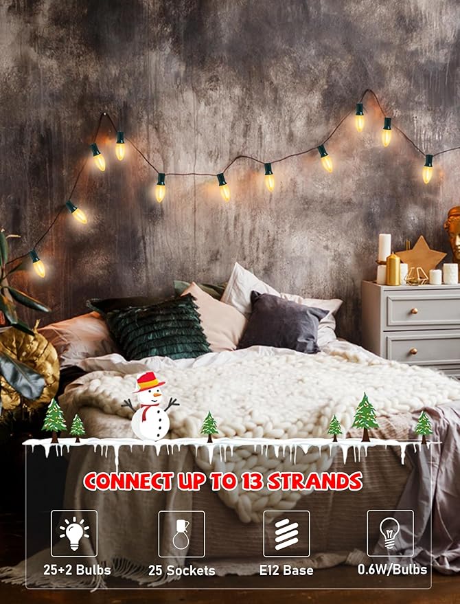 C7 LED Christmas Lights 25Ft Vintage C7 Christmas Lights with 27 LED Frosted White Bulbs Hanging Connectable Xmas String Light for Patio Garden Holiday Home Xmas Decor