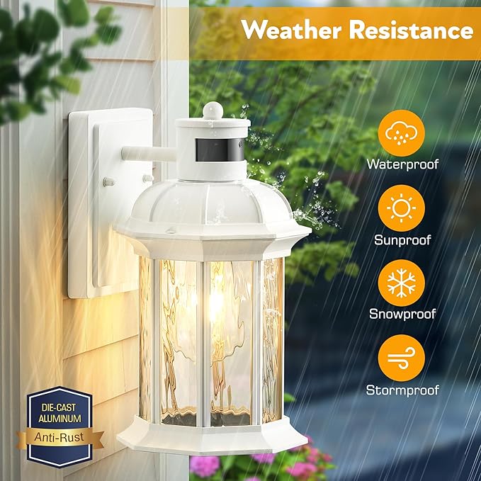 VIANIS White 2-Pack Motion Sensor Porch Lights Outdoor Modern Exterior Lighting Fixtures Wall Mount for House Anti-Rust Waterproof Outdoor Sconce Lights with Water Ripple Glass Front Door Light