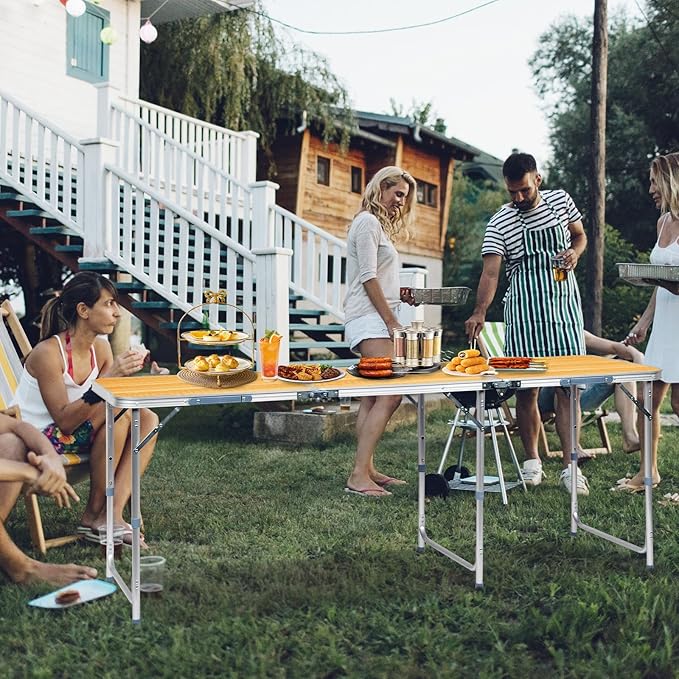 6.0 Ft Folding Portable Camping Table with Three Adjustable Heights Tri-fold Outdoor Table Outdoor Camping Kitchen BBQ Dining Picnic Cooking Beach Garden Yellow