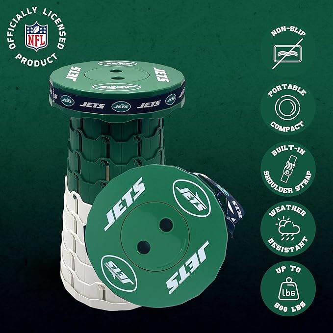 Sporticulture NFL New York Jets Telescoping Collapsible Stool 500lbs Max Weight Portable Adjustable Height Folding Camping Stool with Carry Strap Retractable Stadium Have A Seat Outdoor Sports Fan