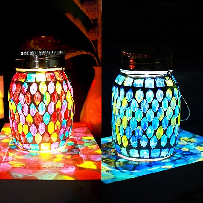 2 Pack Solar Outdoor Mosaic LanternSolar Lights Outdoor Hanging Lanterns Rechargeable Waterproof Table lamp Mosaic Night Light for Garden Patio Party Yard Outdoor/Indoor Decorations