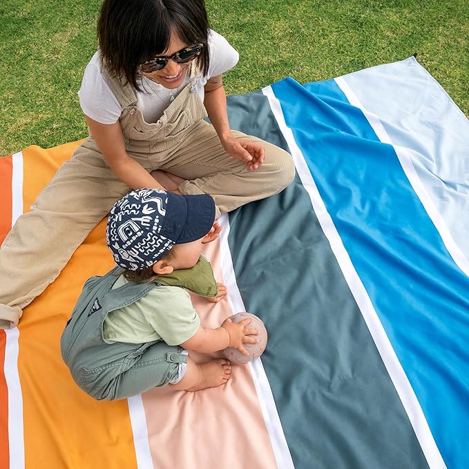 Nomadix Festival Blanket - Perfect for Picnics Camping &amp Lawn Seating - Plush Top &amp Water Resistant Base - Made with Post Consumer Recycled Materials - Stripes Retro - 60:x 72