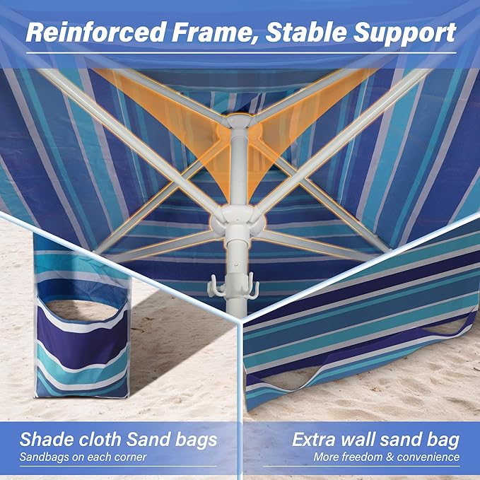 Beach Cabana-6.6x6.6’Beach Canopy with Side WallPortable Umbrella Tent with Sand Pockets for Family &amp FriendsEasy Up Beach Sun Shelter for Outdoor PatiosBackyardsand CampingStripe
