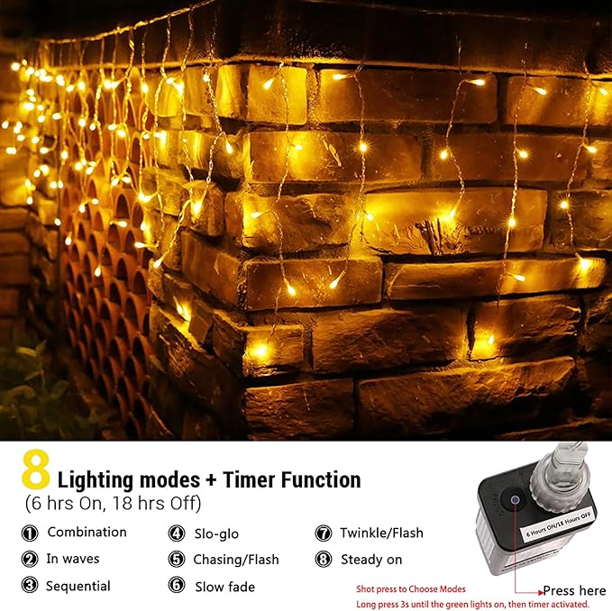 Toodour Christmas Icicle Lights Outdoor 612 LED 50ft 8 Modes Fairy Icicle String Light with 102 Drops Led Christmas Lights Twinkle for Holiday Party Wedding Eaves Xmas Decorations (Warm White)