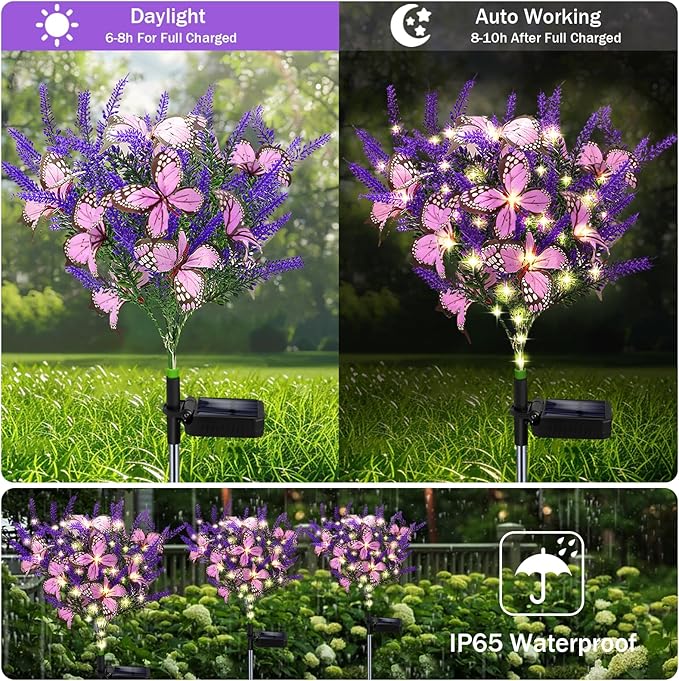 Solar Garden Lights Outdoor 4 Pack Purple Lavender Solar Butterfly Lights Gardening Gifts for Women Artificial Flower with Butterfly Purple Garden Decor for Lawn Patio-Warm White