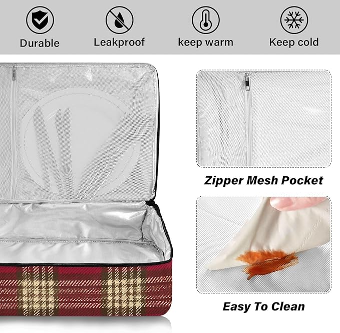 Casserole Carrier Red Plaid Insulated Casserole Carrier for Hot or Cold Food Thermal Lunch Tote for Parties Picnic Travel Carry Bag