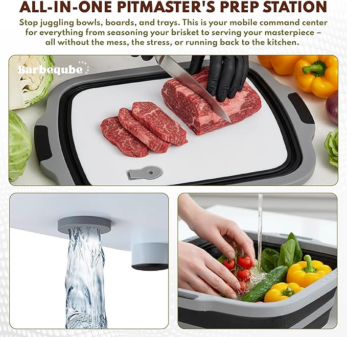 Collapsible BBQ Prep Tub XL with Locking Lid &amp Cutting Board - Pro-Grade Silicone Grill Station for Brisket Ribs Meal Prep - Space-Saving Portable Container for Camping Tailgating &amp Outdoor