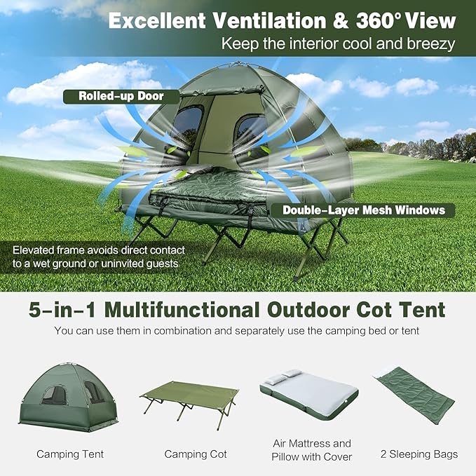 Goplus Camping Tent Cot 5-in-1 Folding Camping Bed with Awning Air Mattress Sleeping Bag Bedspread Off Ground Elevated 1-2 Person Cot Tent with Carrying Bag Air Pump for Camping Picnic Outdoor