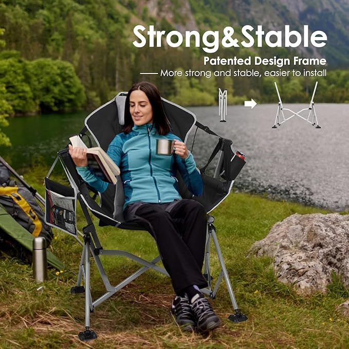 Oversized Hammock Camping Chairs Folding Swing Chair with 1-Step Design Swinging Hammock Chair with Adjustable Backrest Lumbar Support &amp Headrest for Outdoor&ampIndoor Support 400LBS Black