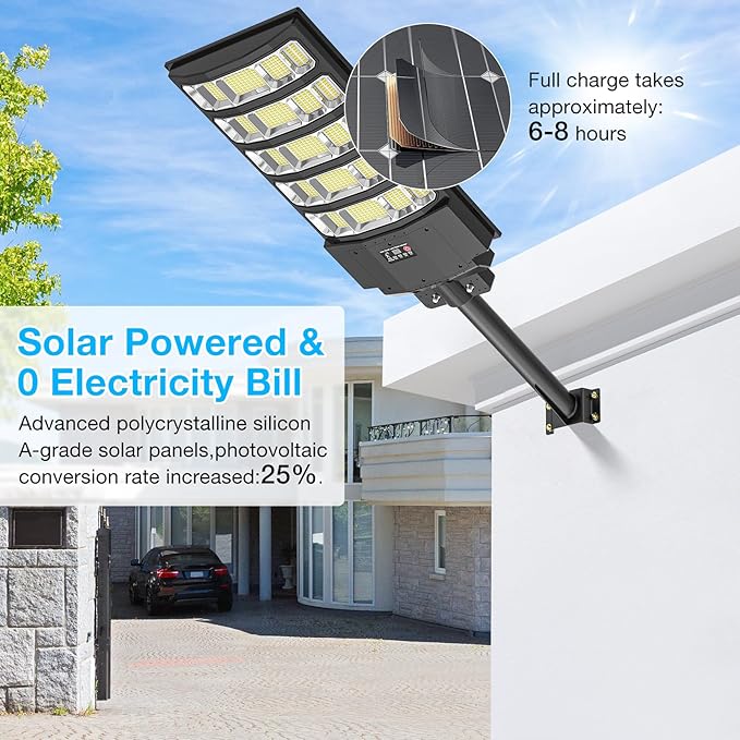 Solar Street Light Outdoor Waterproof8000W Solar Powered Parking Lot Lights Large Street Light Dusk to Dawn with Motion Sensor LED Flood Light Wide Angle Lamp for Patio and Parkling Lot-1Pack