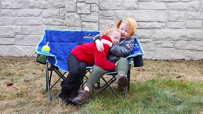 SUNNYFEEL Kids Folding Double Camping Chair Portable Kids Camping Chairs 2 Seat Chair Blue Padded Foldable Lawn Chairs with Cup Holder for Beach/Outdoor/Travel/Picnic Foldable Camp Chairs 2 Person