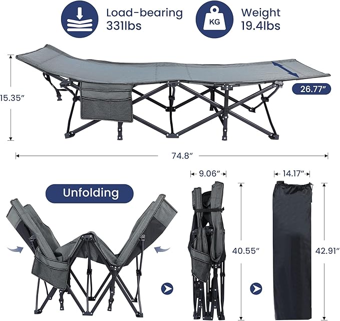 YSSOA Adults Foldable Outdoor with Portable Bag Bed Lightweight Sleeping Cots for Camping Easy to Set up 3 Pack Black