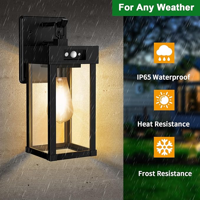 Auzev Outdoor Solar Wall Lights Fixtures Exterior Solar Lantern Lights With Clear Panel Motion Sensor 3Lighting Modes Modern Sconce Waterproof Outside Lamp for House Garage (Black-1P)