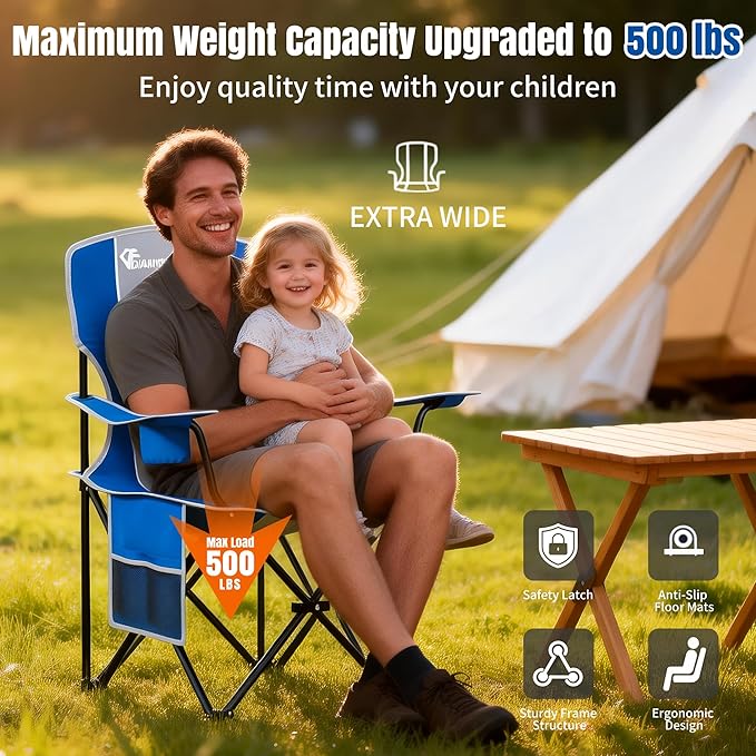 Oversized Folding Camping Chair 500lbs Bearing Capacity Portable Lawn Camping Chair for Adult Outdoor Camping Chair with Wider Cup Holder and Side Pocket for Hiking Fishing Sports