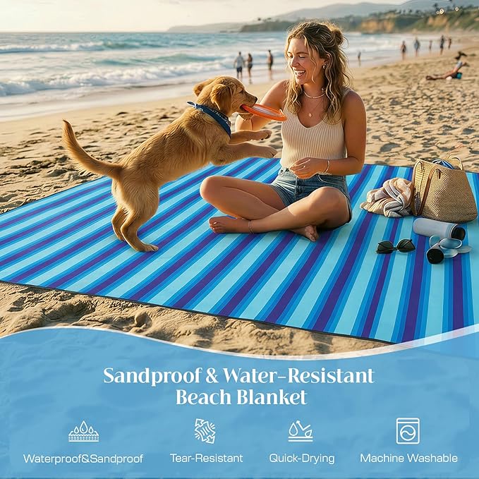 OIGAE Oversized Beach Blanket 9×10 ft Sand-Free Outdoor Mat for Groups Quick-Dry Picnic Blanket with Stakes &amp Corner Pockets Blue Stripe