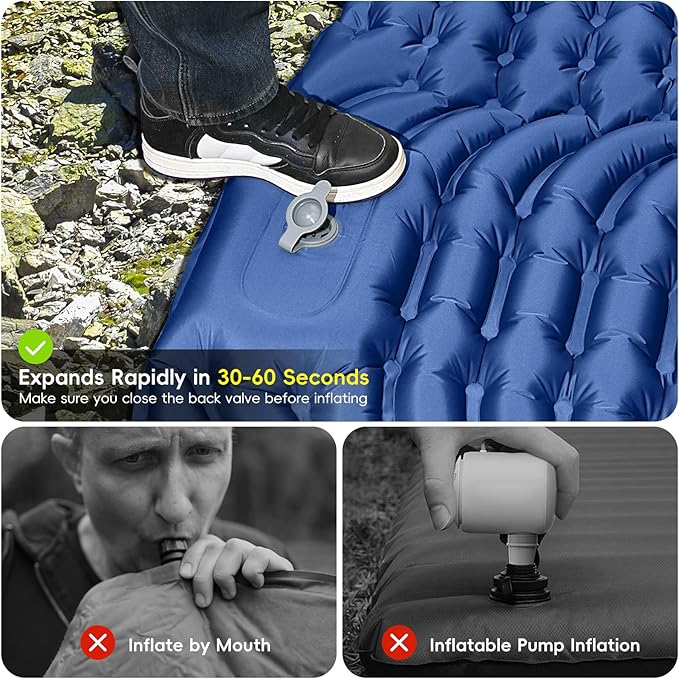 Double Sleeping Pad for Camping 4 Extra-Thick Self Inflating Camping Mattress for 2 Person with Pillow Built-in Foot Pump Portable Sleeping Mat for Backpacking Hiking Traveling Tent