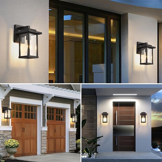 Outdoor Wall Light Fixtures Modern Exterior Wall Mount Lanterns Outside Wall Sconces in Black Finish with Clear Glass for Porch Patio Farmhouse 2-Pack