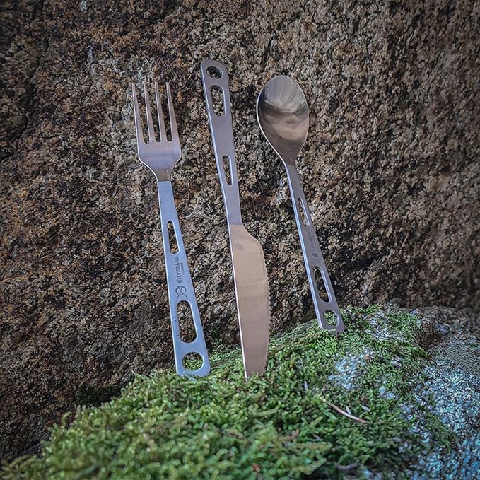 SILVERANT Titanium Camping Flatware Knife Fork &amp Spoon 3 Piece Camping Cutlery Set Lightweight Tableware for Lunch Box Outdoor Camping &amp Hiking Comes with Drawstring Bag &amp Carabiner- Pol