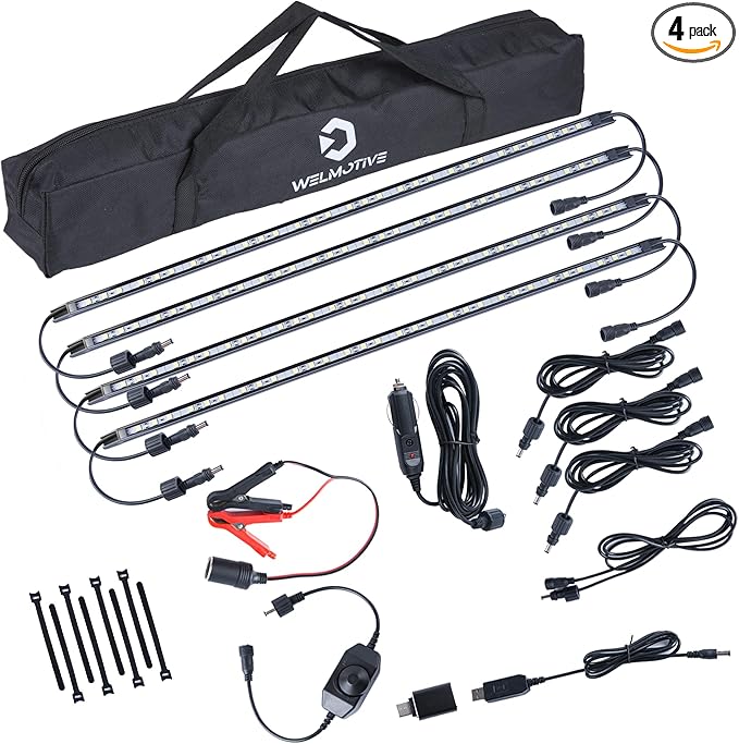12V LED Interior Light Bar Kit 4 Bars White Adjustable Brightness RV Camping Lights - Waterproof IP67 Magnetic &amp Velcro Mount Portable Lighting for Tent Car Trailer Boat Truck Off-Road Ca