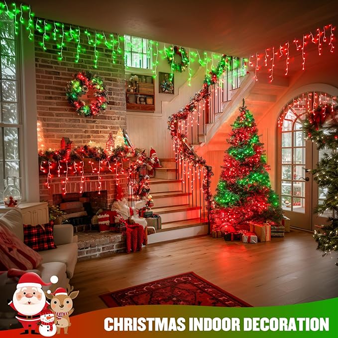 JMEXSUSS 400 LED Red and Green Christmas Lights Red &amp Green Icicle Lights Clear Wire Connectable String Lights Plug in for Christmas Party Outdoor Eaves Home Xmas Decorations