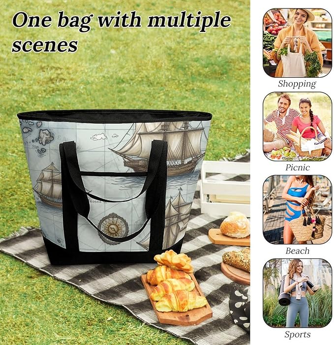 Insulated Shopping BagLarge Reusable Cooler Bags Boat Map_75091459 Printed Foldable Shopping BagTravel Waterproof Shoulder Bag