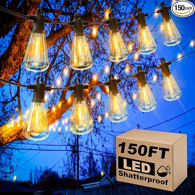 Outdoor String Lights 150FT LED Patio Lights with 72+3 ST38 Vintage Edison Shatterproof Bulbs Waterproof Connectable Dimmable Outside Hanging Lights for Backyard Bistro Porch Gazebo(75FTx2)