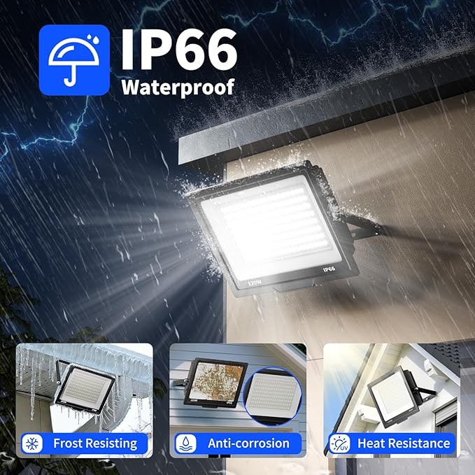 120W Flood Lights Outdoor 14400LM Brighter LED Security Light with Plug IP66 Waterproof 5000K Daylight Floodlight for Yard Garage Stadium 2 Pack