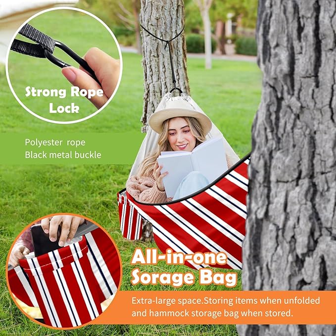 Outdoor Camping Hammock Stripes Red White Double Single Hammocks with 2 Tree Straps Lightweight Portable Heavy Duty Nylon Hammocks for Backpacking Travel Beach Backyard Patio Hiking