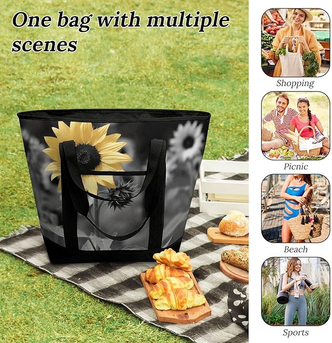 Insulated Shopping BagLarge Reusable Cooler Bags Black And White Sunflowers Printed Foldable Shopping BagTravel Waterproof Shoulder Bag