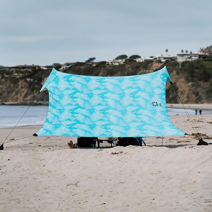 Neso Gigante Portable Beach Tent Sun Shelter - Lightweight Beach Shade Canopy - Easy Setup for Family Outings - Patented Reinforced Corners - UPF 50+ - 8ft Tall 11 x 11ft - Aqua Fronds